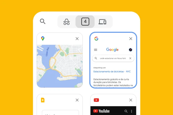 Um navegador para dispositivos móveis carrega as guias de um navegador para computador, incluindo o Google Maps e informações sobre onde estacionar em Nova York.