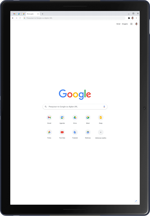 Tablet Pixel Slate no modo retrato, mostrando a página inicial do Google.