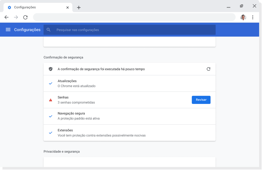 Janela do navegador Chrome exibindo as configurações de conta e sincronização para Contas do Google em que a sincronização está ativada.