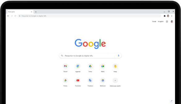 Canto superior esquerdo de um laptop Pixelbook Go com a tela exibindo os apps favoritos e a barra de pesquisa do google.com.