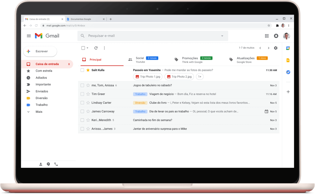 Tela da interface do Gmail com e-mails listados.