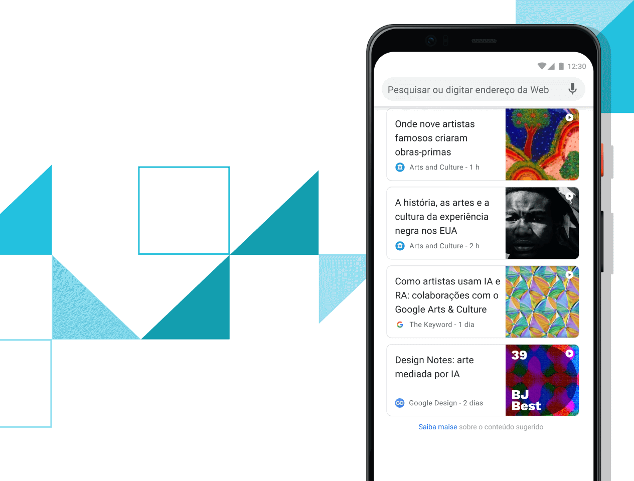 Smartphone Pixel 4 XL com a tela exibindo links de artigos selecionados.