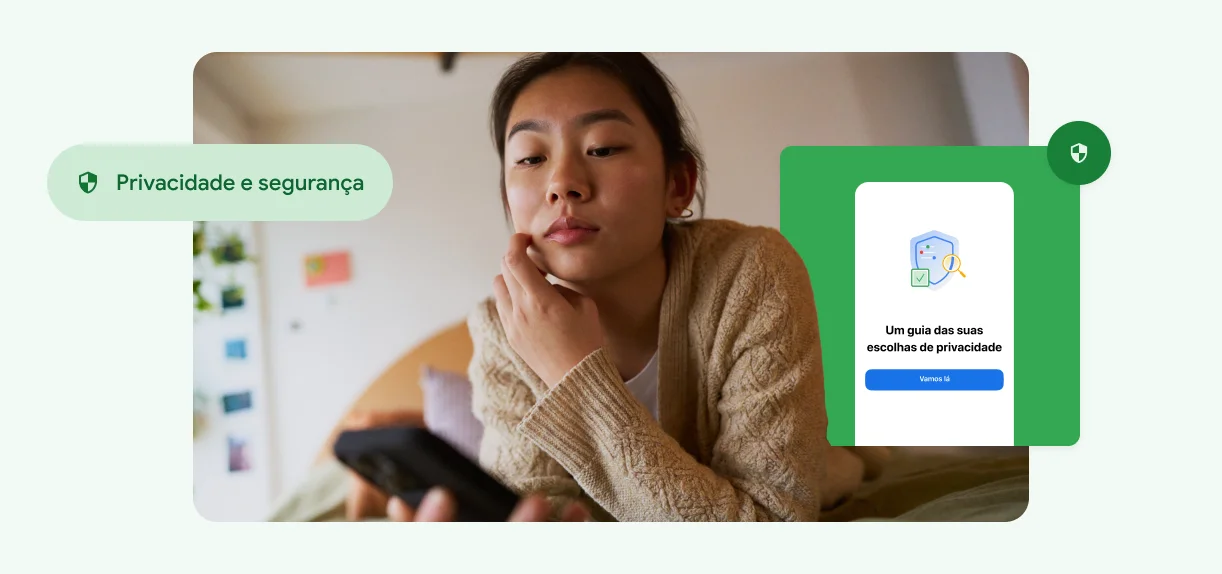 Uma mulher toca o rosto e olha para o smartphone.