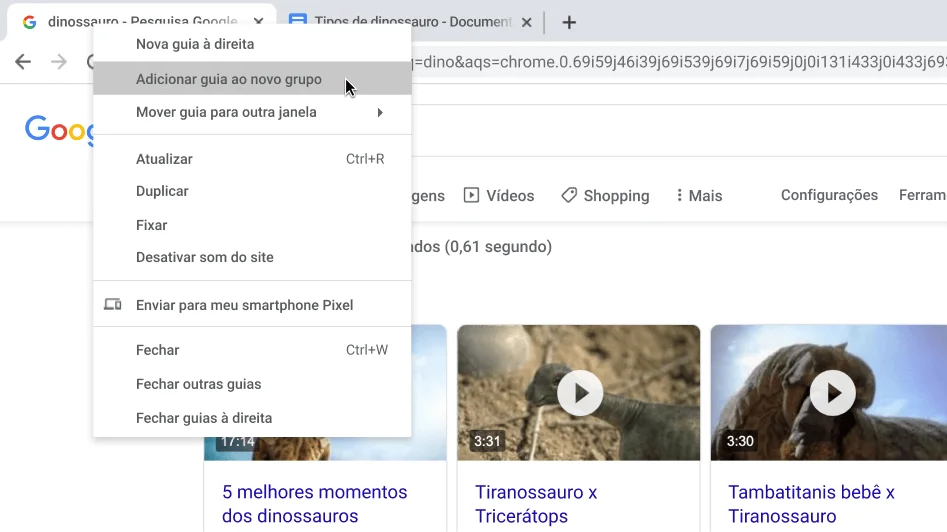 Janela do navegador Chrome com uma caixa de diálogo mostrando a criação de um novo grupo de guias