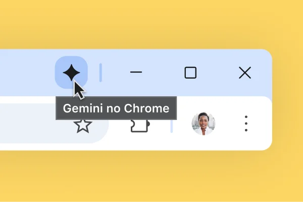 Um ícone do Gemini aparece na parte de cima da barra do navegador Chrome. O usuário passa o cursor sobre o ícone. Aparece o texto 