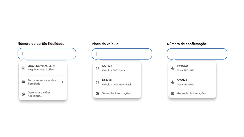 Experiência do usuário com o preenchimento automático de cartões fidelidade, informações do veículo e detalhes de voos.