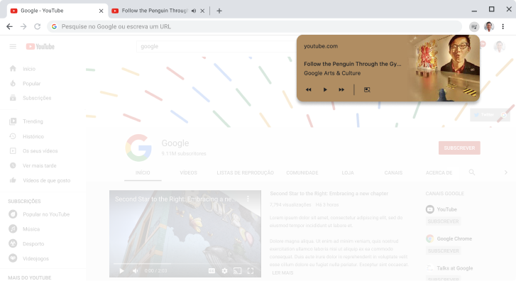 Janela do navegador Chrome a apresentar a caixa de diálogo dos controlos de multimédia.