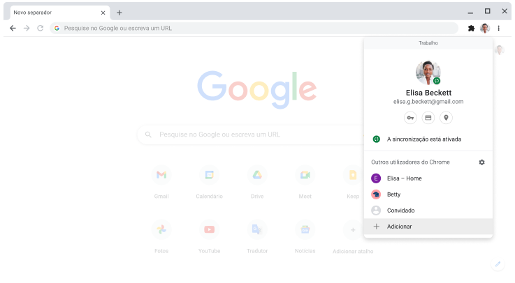 Navegador Chrome a apresentar a caixa de diálogo do seletor de perfis.