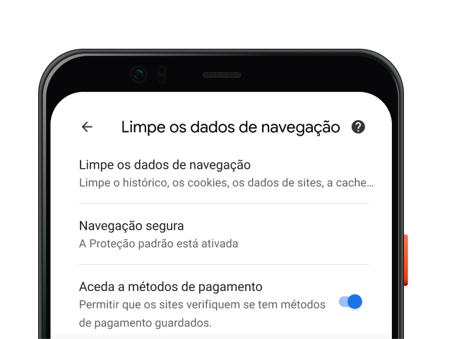 Página de definições de Privacidade e segurança do navegador Chrome num dispositivo móvel.