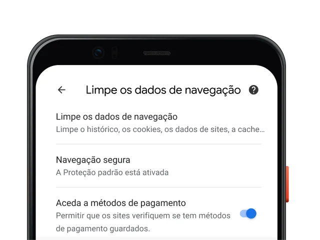 Página de definições de Privacidade e segurança do navegador Chrome num dispositivo móvel.