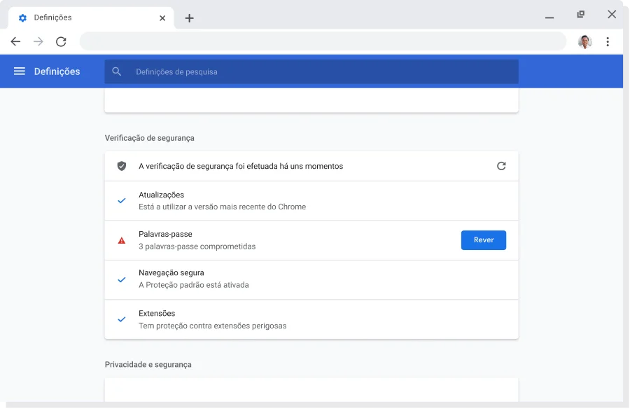 Janela do navegador Chrome a apresentar as definições de conta e sincronização das Contas Google, com a sincronização ativada.