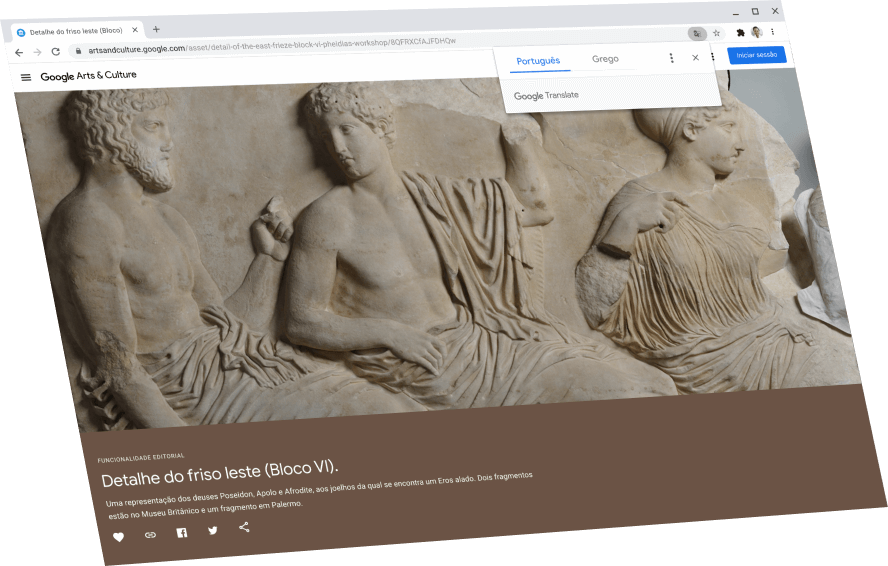 A apresentar uma página do Google Arts & Culture com uma caixa de diálogo do Google Tradutor acima a traduzir para inglês.