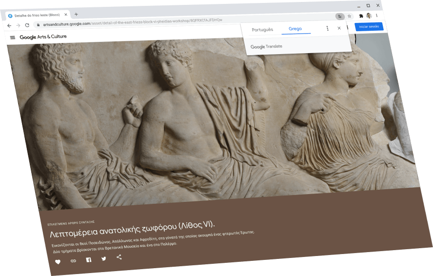 A apresentar uma página do Google Arts & Culture com uma caixa de diálogo do Google Tradutor acima a mostrar texto original em grego.