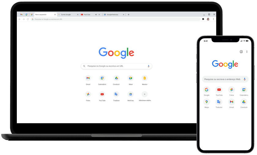 Portátil e dispositivo móvel a apresentar a página inicial de Google.com.