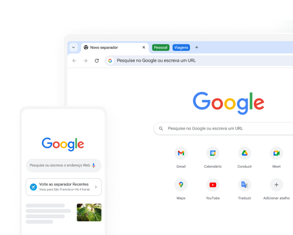 Um dispositivo móvel e um computador de mesa mostram a página inicial do Google no Chrome.