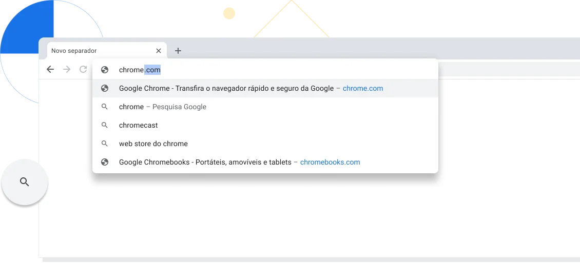 Visualização ampliada de um novo separador numa janela do navegador Chrome com chrome.com introduzido na barra de endereço.