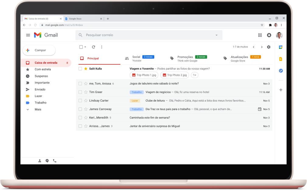 Ecrã de interface do Gmail com emails listados.