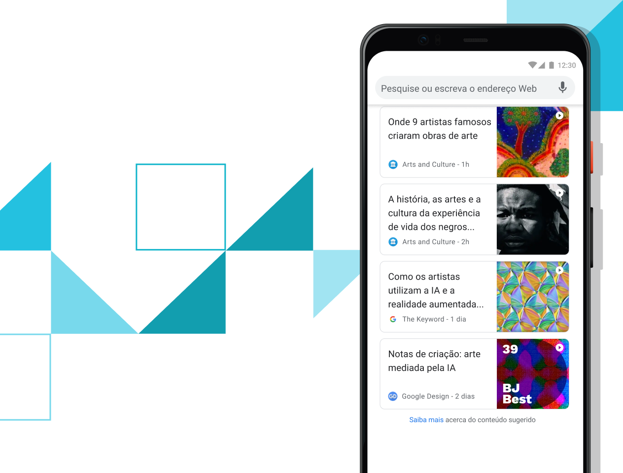 Artigos para si Telemóvel Pixel 4 XL com o ecrã a apresentar links de artigos organizados.