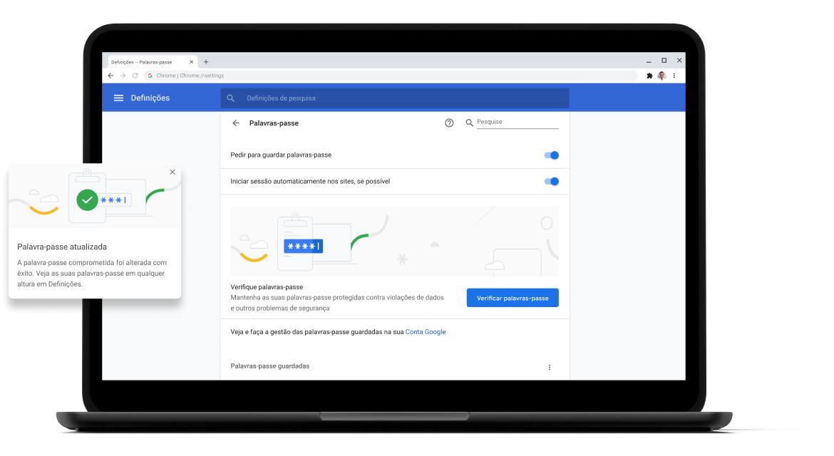 Verificação de palavra-passe Pixelbook Go laptop with screen displaying Chrome password check with a passsword update dialog box.