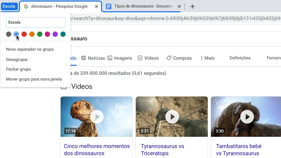 Janela do navegador Chrome com caixa de diálogo a mostrar a nomenclatura de um grupo de separadores.
