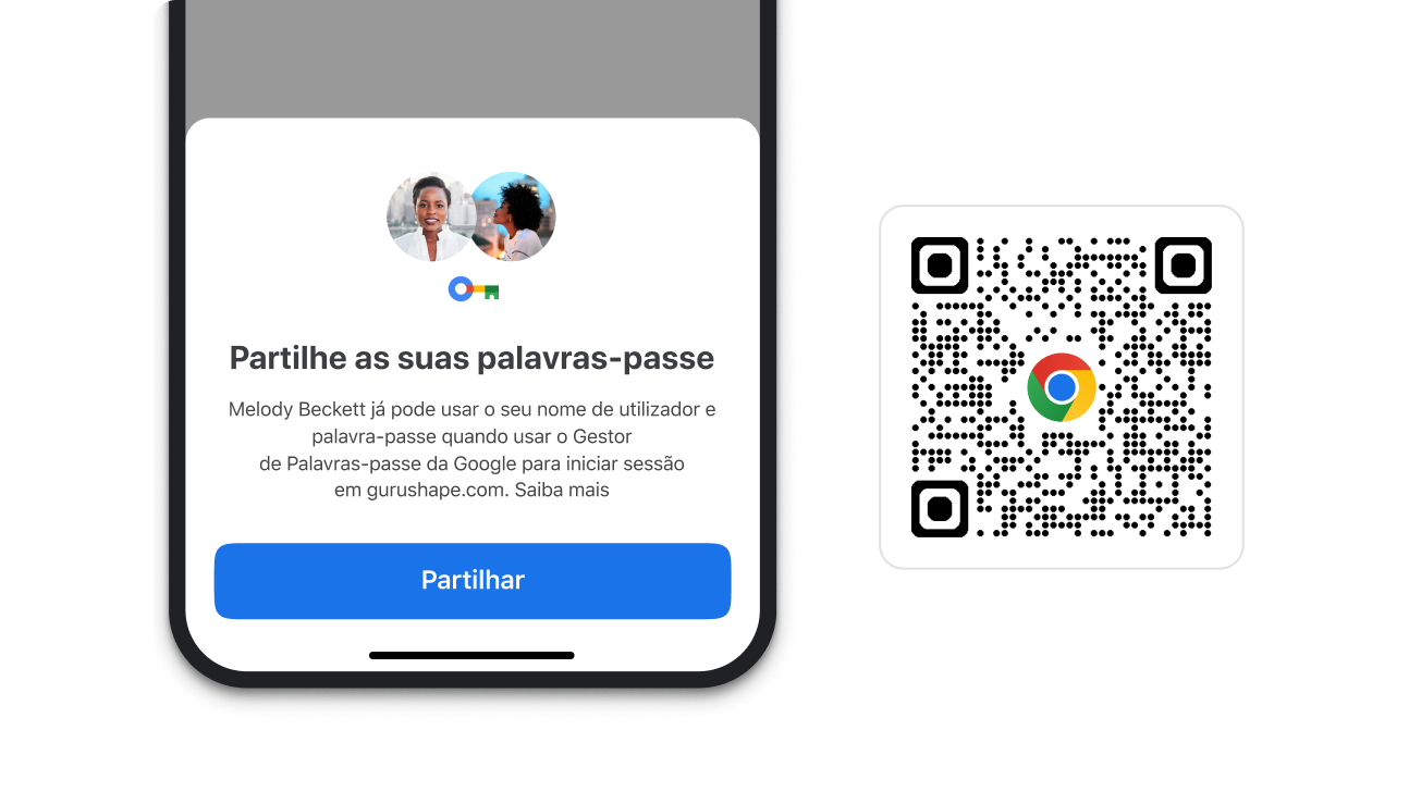 Um módulo no Chrome que lhe permite partilhar palavras-passe. Junto ao módulo, encontra-se um código QR que pode usar para transferir o Chrome.