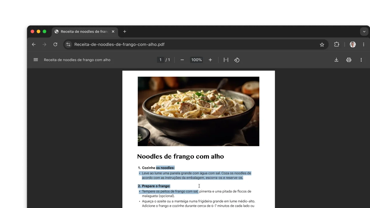 Um PDF com uma receita aberto numa janela do navegador Chrome. O utilizador selecionou texto no PDF.