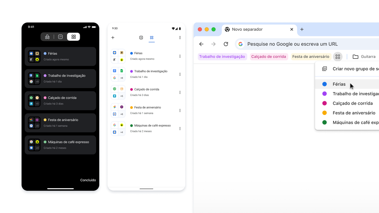 Grupos de separadores em dispositivos iOS, Android e computadores