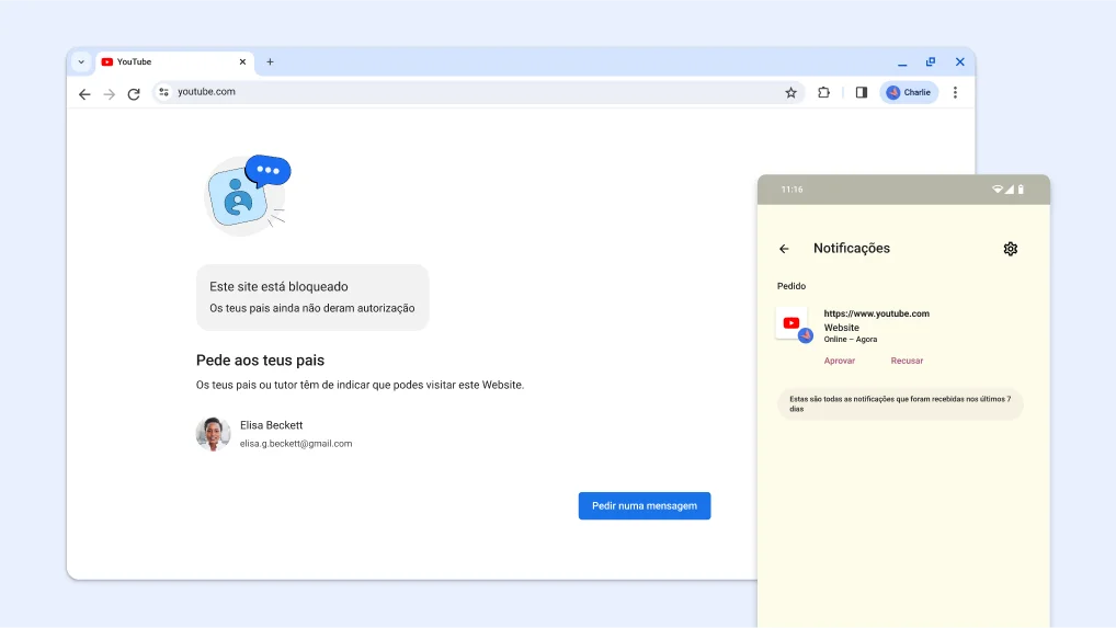 Website bloqueado por controlos parentais e uma notificação do Family Link para aprovar a entrada