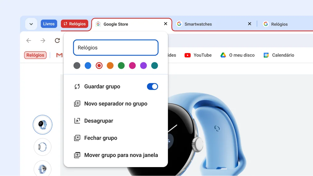 Menu do grupo de separadores aberto com as novas opções de guardar e ocultar grupos