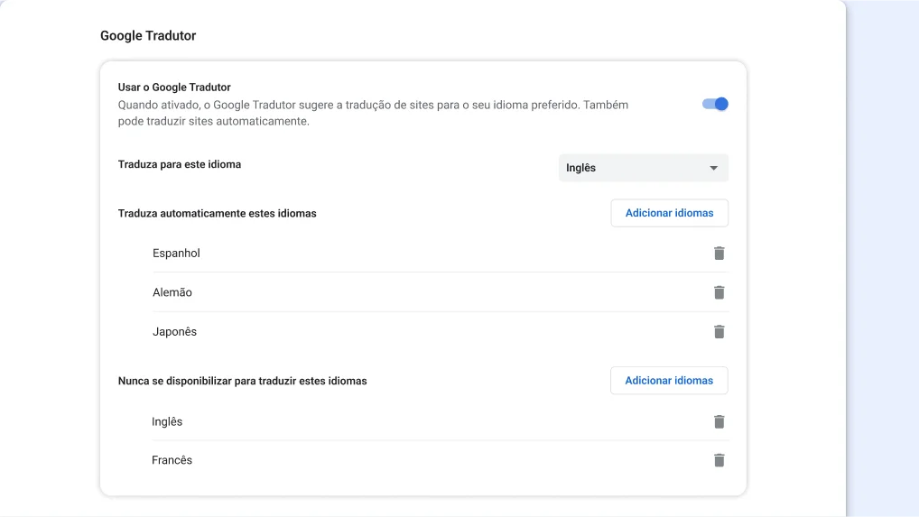 Página de definições do Google Tradutor no Chrome