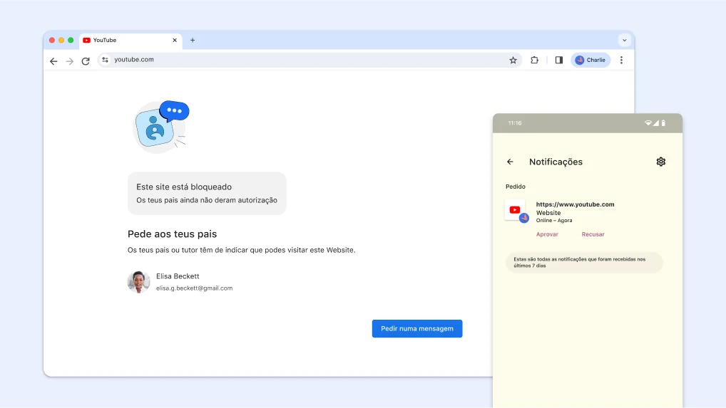 Website bloqueado por controlos parentais e uma notificação do Family Link para aprovar a entrada