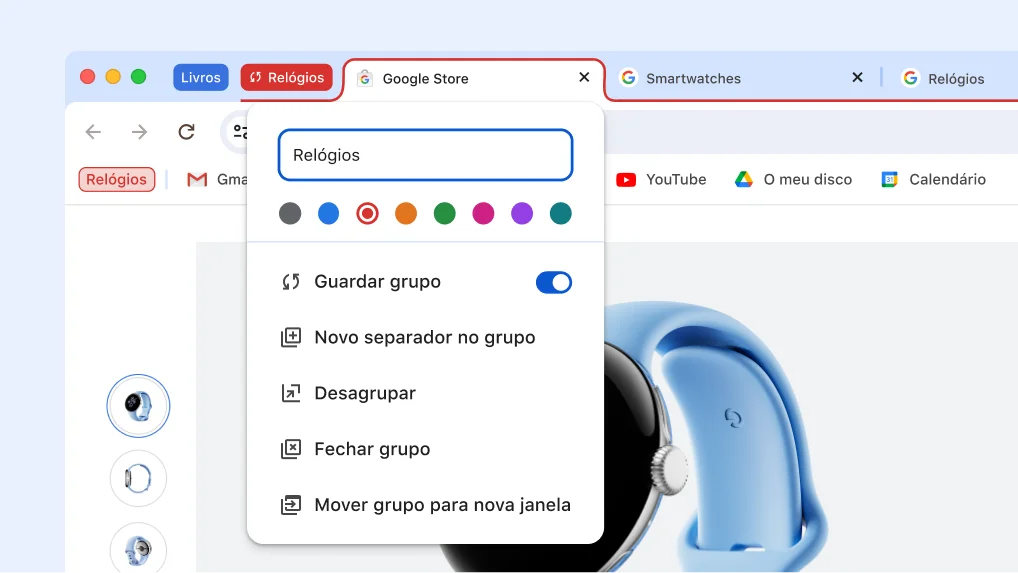 Menu do grupo de separadores aberto com as novas opções de guardar e ocultar grupos