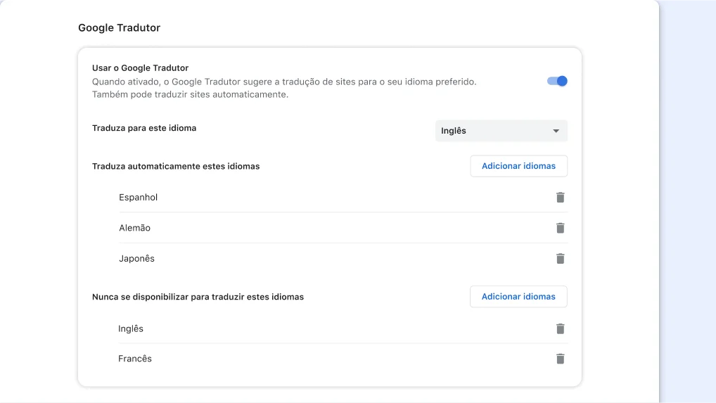 Página de definições do Google Tradutor no Chrome