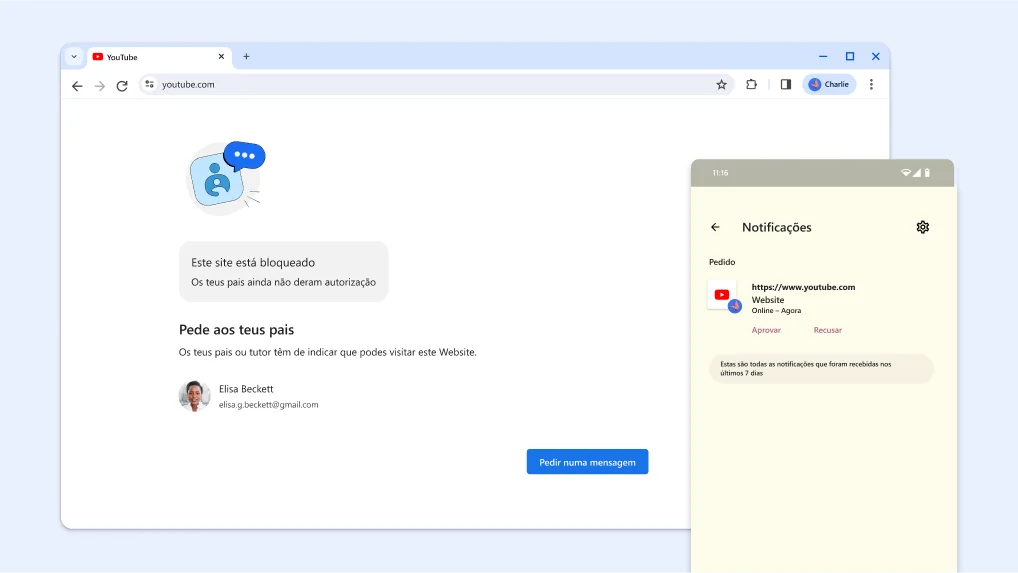 Website bloqueado por controlos parentais e uma notificação do Family Link para aprovar a entrada