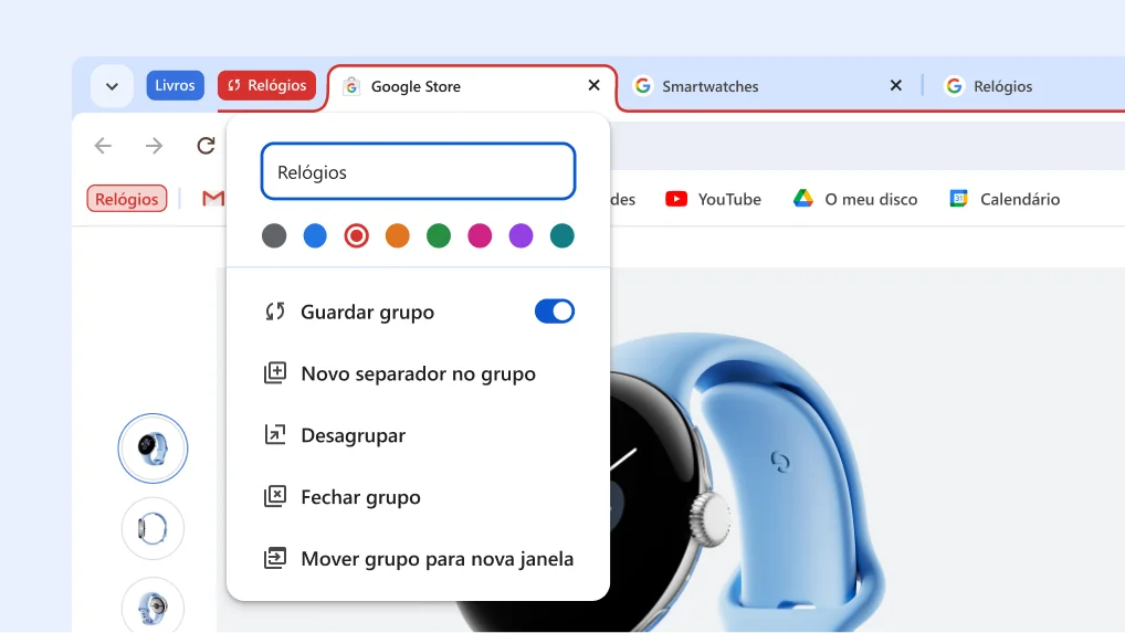 Menu do grupo de separadores aberto com as novas opções de guardar e ocultar grupos