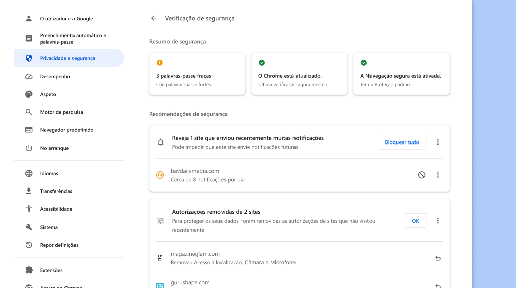 A verificação de segurança do Chrome é executada em segundo plano para verificar se existem problemas de privacidade e segurança e, em seguida, apresenta o seu estado de segurança e recomendações relevantes para melhorar a segurança.