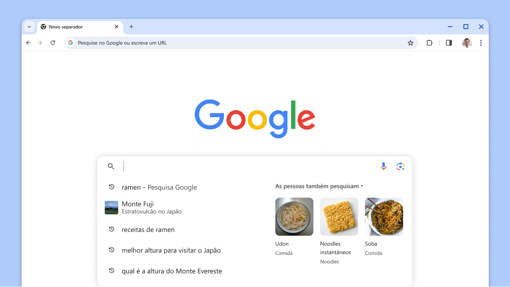 O cursor é apresentado na caixa de pesquisa com pesquisas anteriores e tópicos relacionados carregados automaticamente.