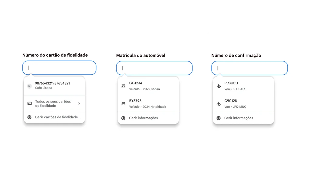 Experiência do utilizador do preenchimento automático para preencher cartões de fidelidade, informações sobre veículos e informações sobre voos.
