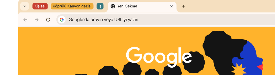 Tarayıcının kullanıcı arayüzünde üç sekme grubu gösteriliyor: Kişisel, Köprülü kanyon gezisi ve İş.