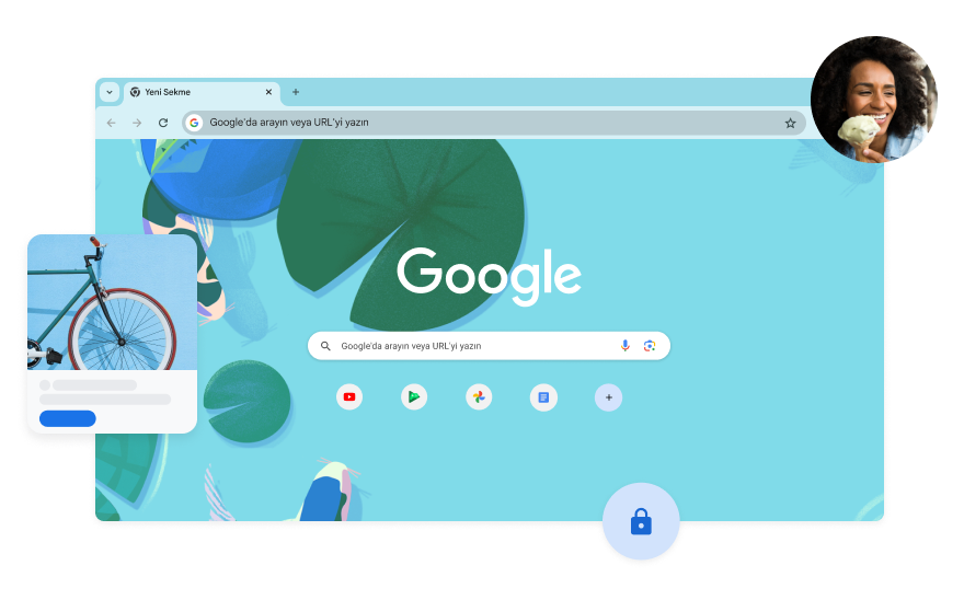 Google arama sayfasının arka planında koi balık havuzundaki mavi bir balık resmi görünüyor. Köşede bir kadının fotoğrafı var.