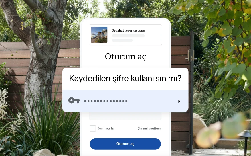 Bir gezi rezervasyonunun oturum açma sayfasında kayıtlı şifrenin kullanılması isteniyor. Arka planda doğa manzarası yer alıyor.