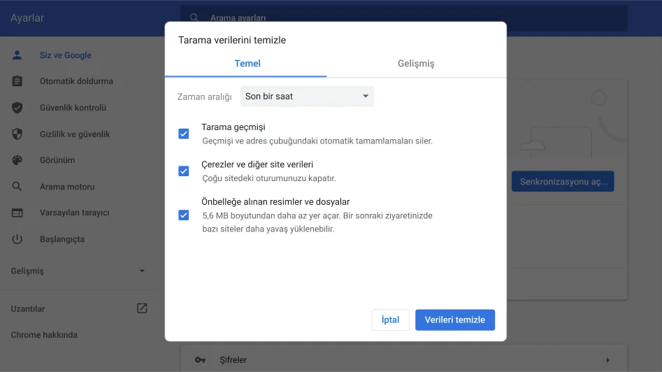 Chrome tarayıcı ayarlar penceresinde, Tarama verilerini temizle seçenekler menüsü gösteriliyor.