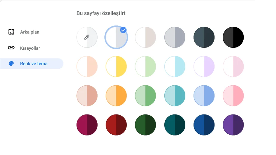 Chrome tarayıcı ayarlar penceresinde, Renk ve tema iletişim kutusu gösteriliyor.