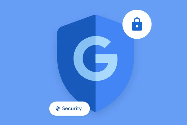 Several icons indicate Google security, including a Google G in a shield, a lock icon, and a small chip that says 