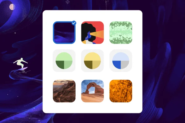 Os ícones apresentam nove temas diferentes. Se o utilizador clicar no tema, a imagem de fundo é alterada.