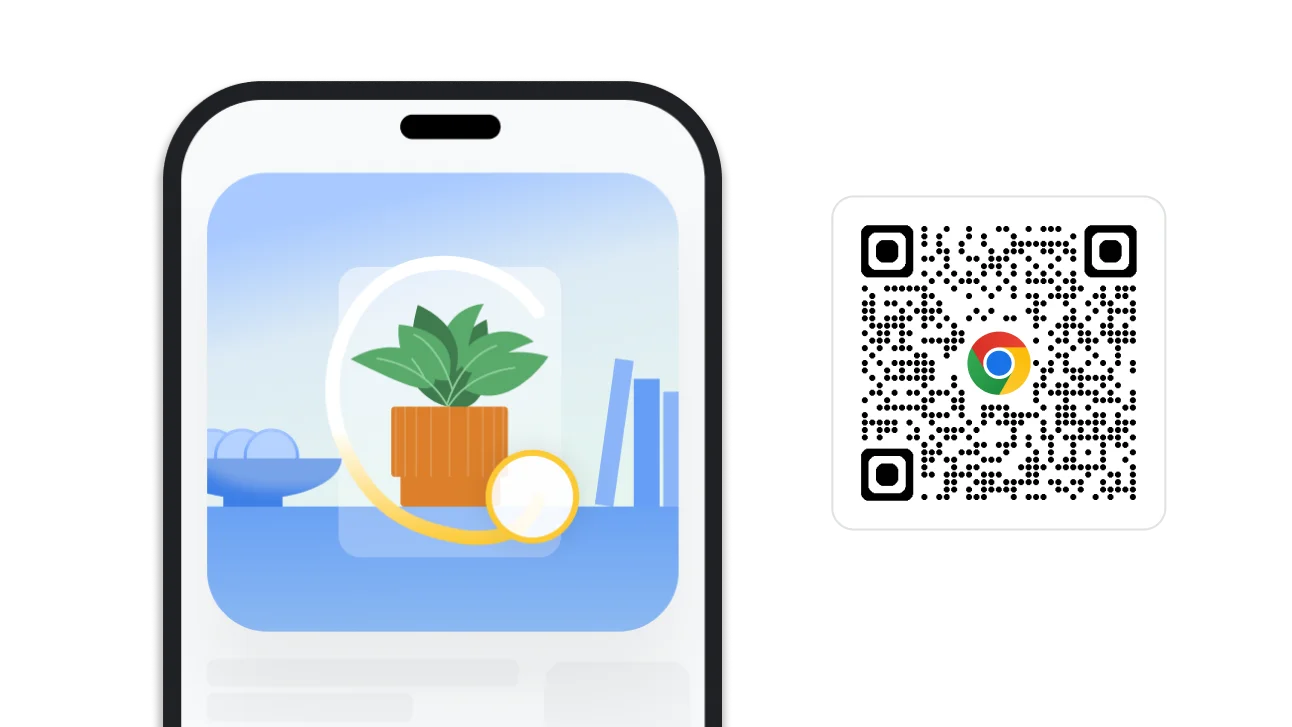 Uma imagem de uma pesquisa através de um desenho no Chrome. Junto à imagem, encontra-se um código QR que pode usar para transferir o Chrome.